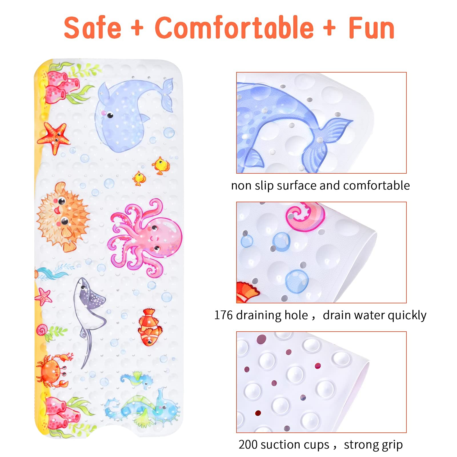 Secopad Kids Bath Mat for Tub Non Slip  40 X 16 Inch Large Cartoon Octopus Anti Slip Toddler Baby Bath Mat  Right Drain